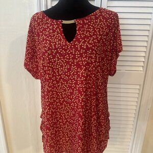 EMILY STACY Plus Sz 2X Short Sleeve Top Blouse Shirt Gathered Side Red Floral
